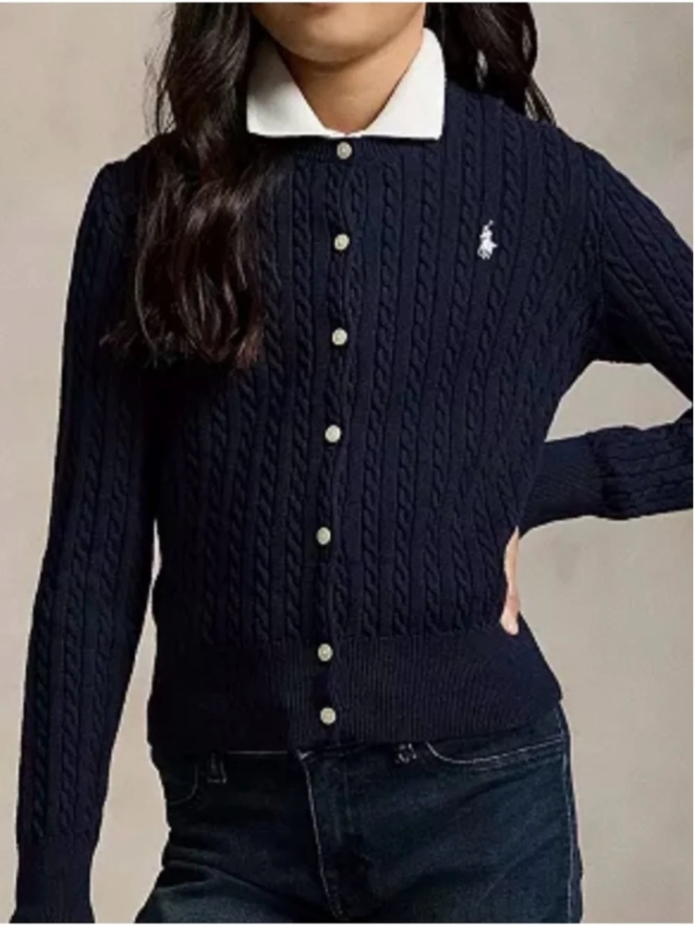 Polo Ralph Lauren Cable Knit Cardigan Navy Cotton Pony Logo Girls Small NWT
